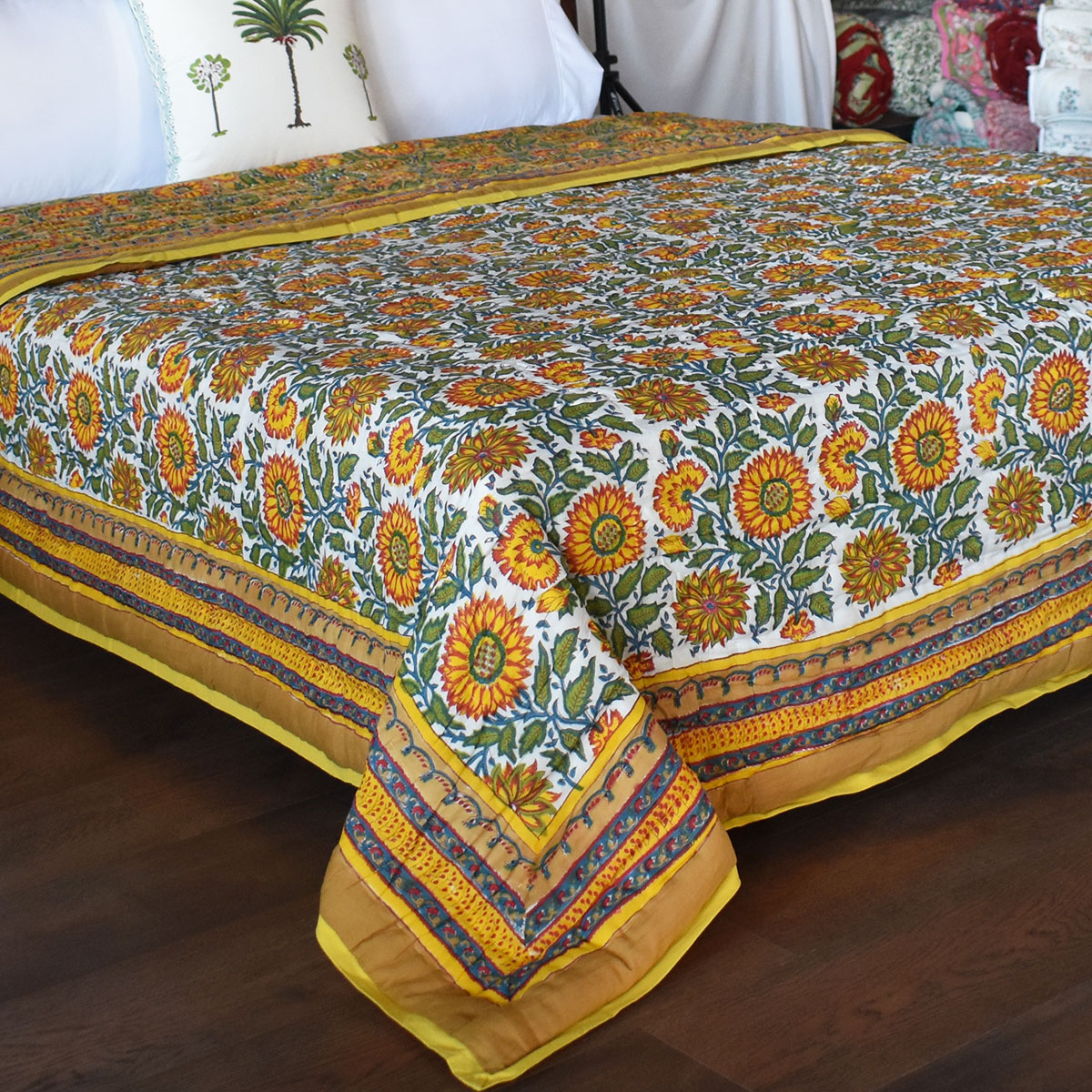 Hand Block Printed Cotton Queen Size Quilt Surajmukhi Canary Gud 102383