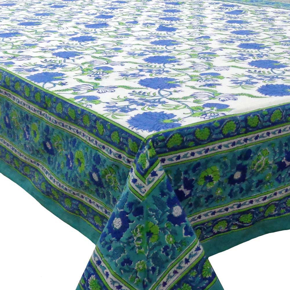Tablecloth 12 seater in Cotton Hand Block Printed Cotton Tablecloth 180x340 cms Flower Blossom Sea Green Open 100358