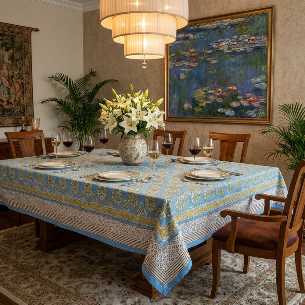 Image of Tablecloth 12 seater in Cotton Hand Block Printed Cotton Tablecloth 180x340 cms | Gola Patti Aqua 202301