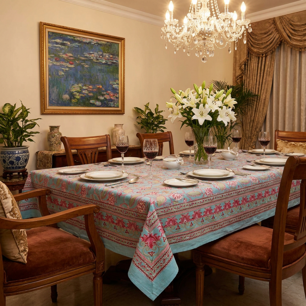 Image of Tablecloth 12 seater in Cotton Hand Block Printed Cotton Tablecloth 180x340 cms | Lotus Lake Jade 202202
