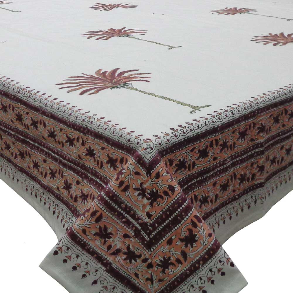Tablecloth 12 seater in Cotton Hand Block Printed Cotton Tablecloth 180x340 cms  Palm Tree Pink 109026