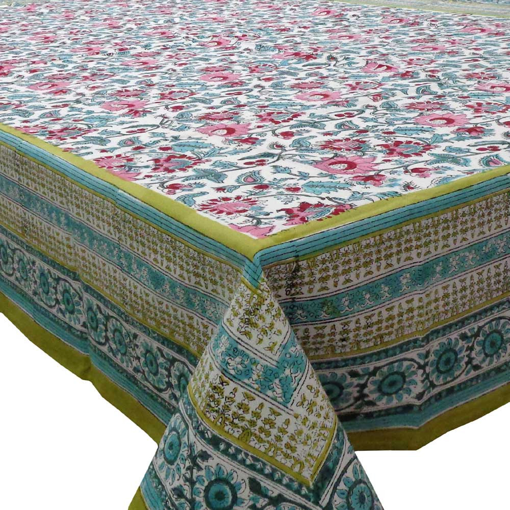 Tablecloth 12 seater in Cotton Hand Block Printed Cotton Tablecloth 180x340 cms  Phuljhari Olive Open 100990