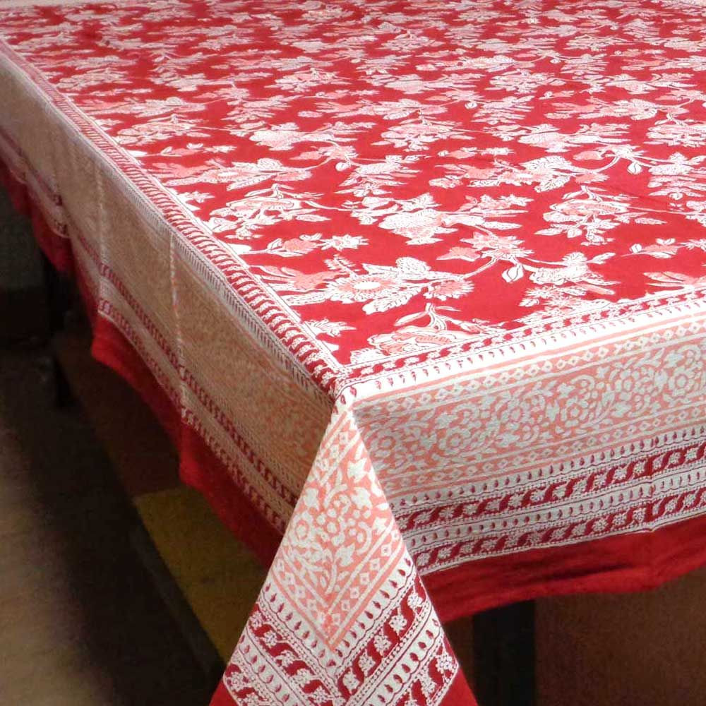 Tablecloth Block Printed in Cotton Floral Red 9291
