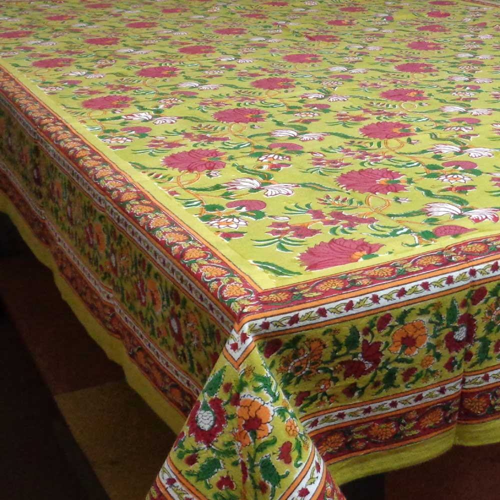 Tablecloth Block Printed in Cotton Flower Blossom Canary 1001