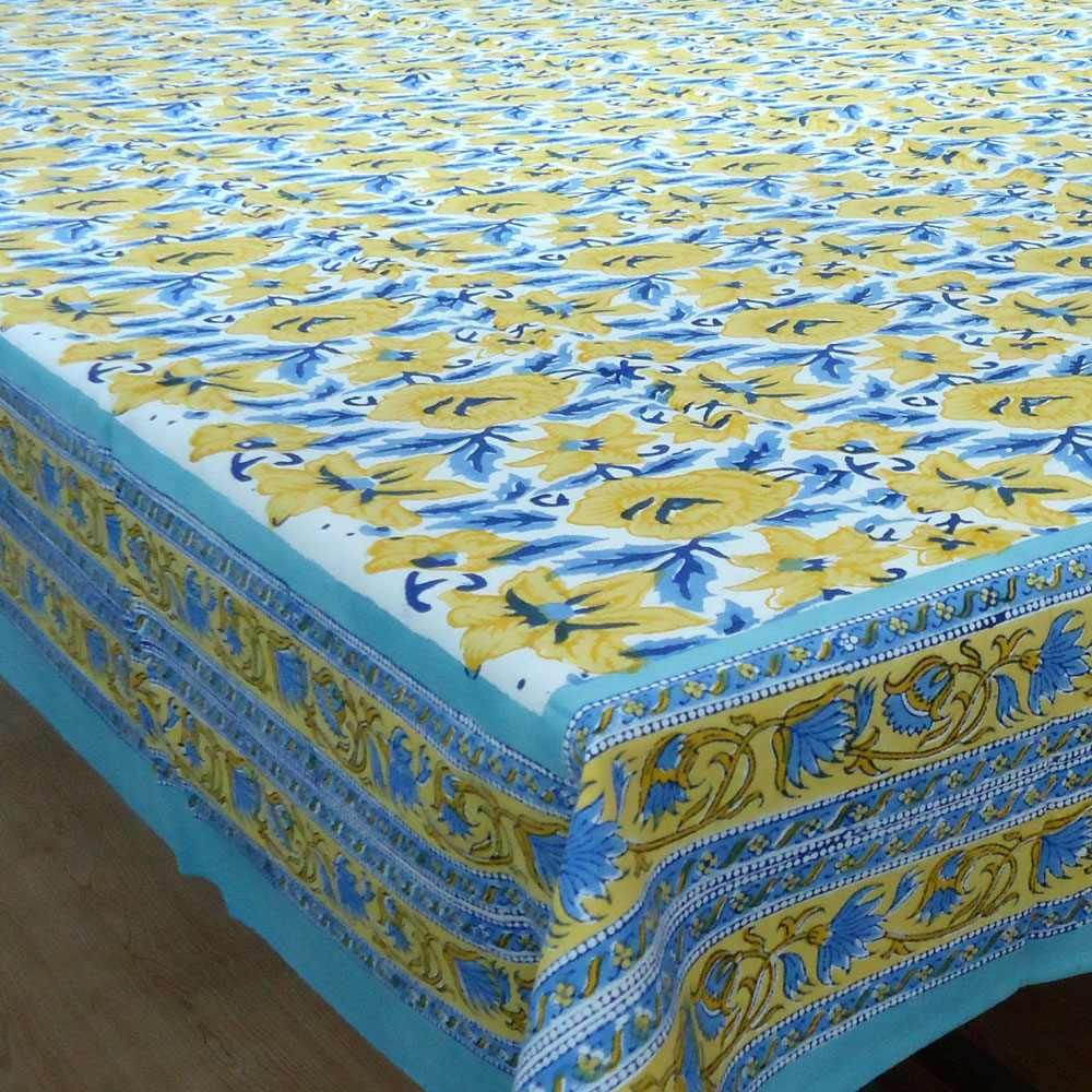 Tablecloth Block Printed in Cotton  Yellow Lisianthus
