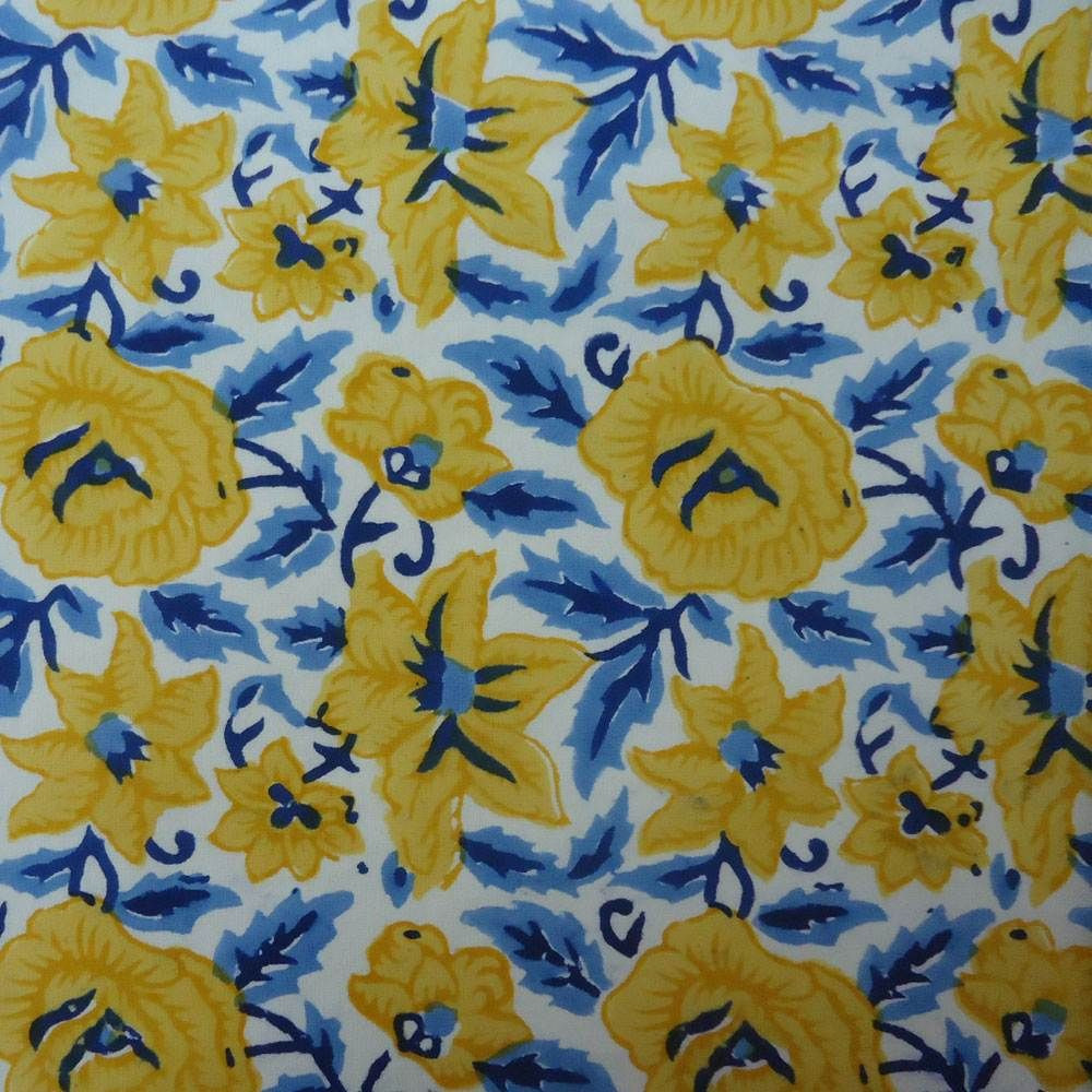 Tablecloth Block Printed in Cotton Yellow Lisianthus
