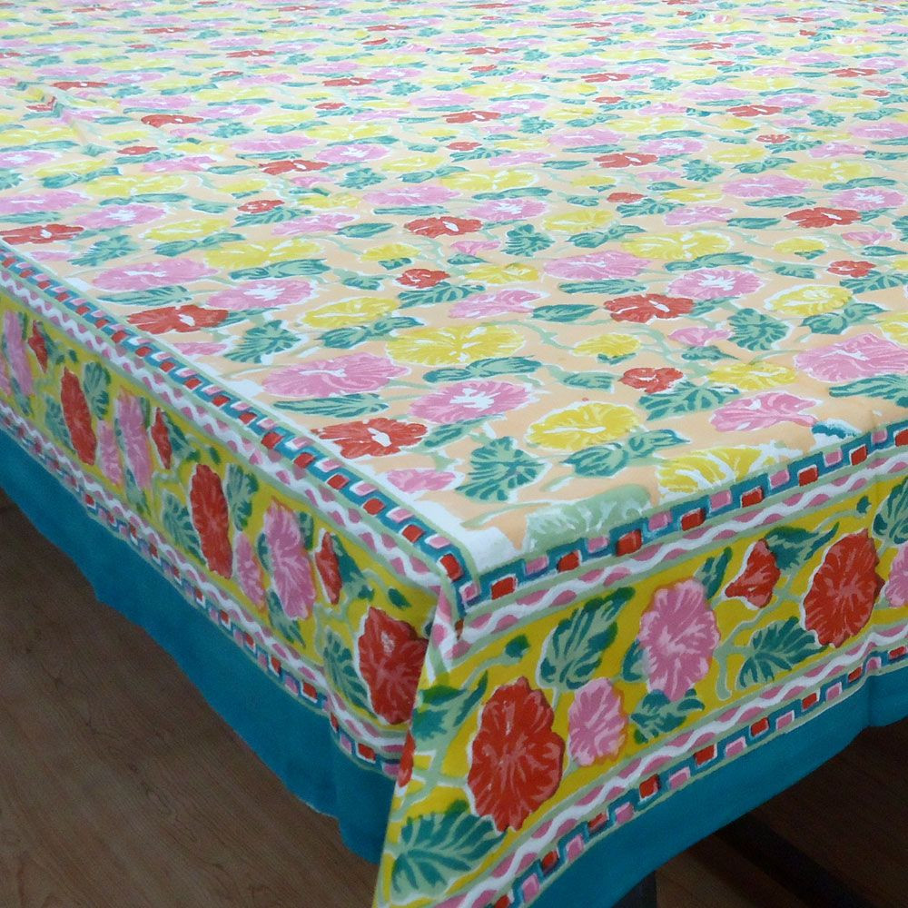 Tablecloth in Cotton Hand Block Printed Pastel Flower Gud 10378