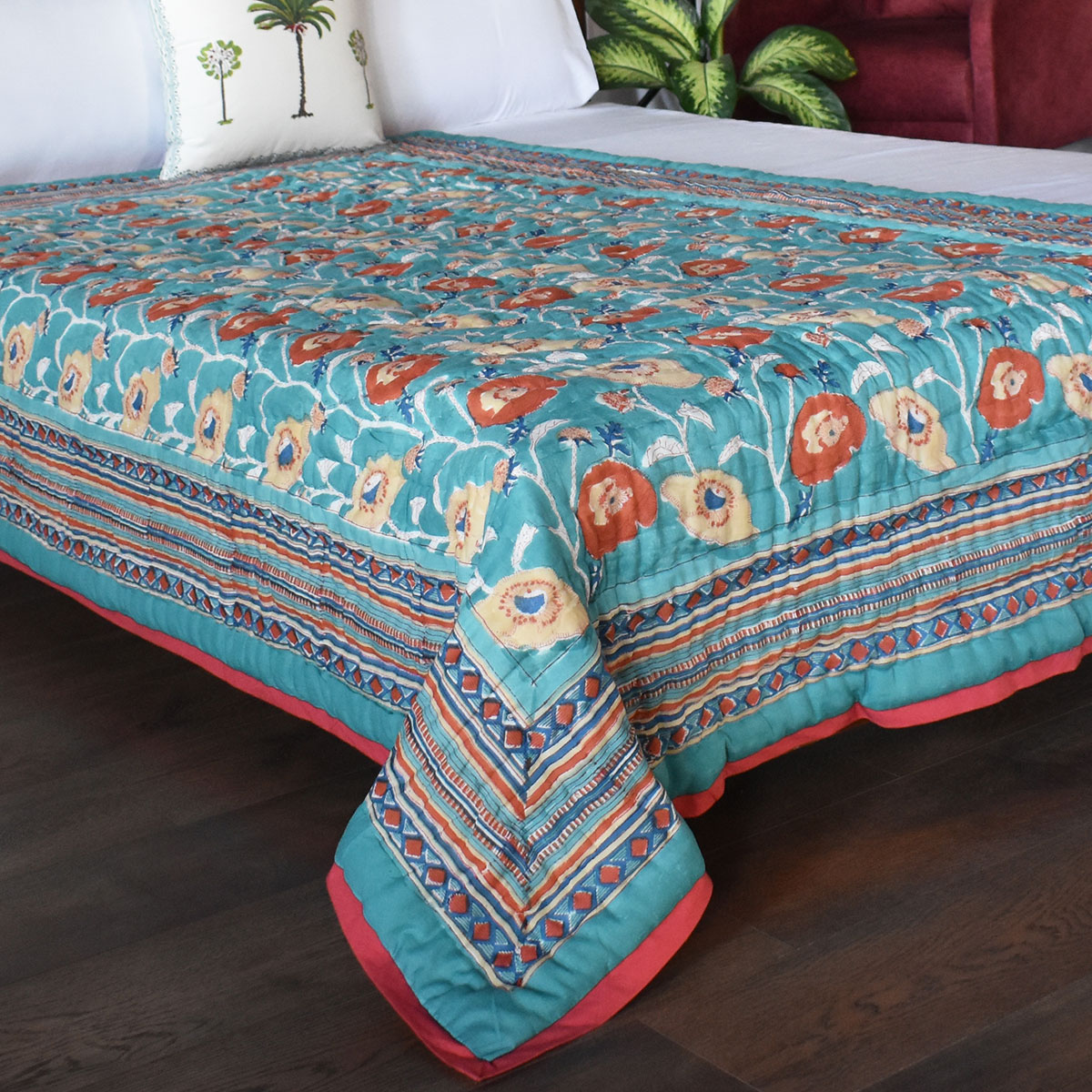 Hand Block Printed Twin Size Quilt Teal Flower 108549