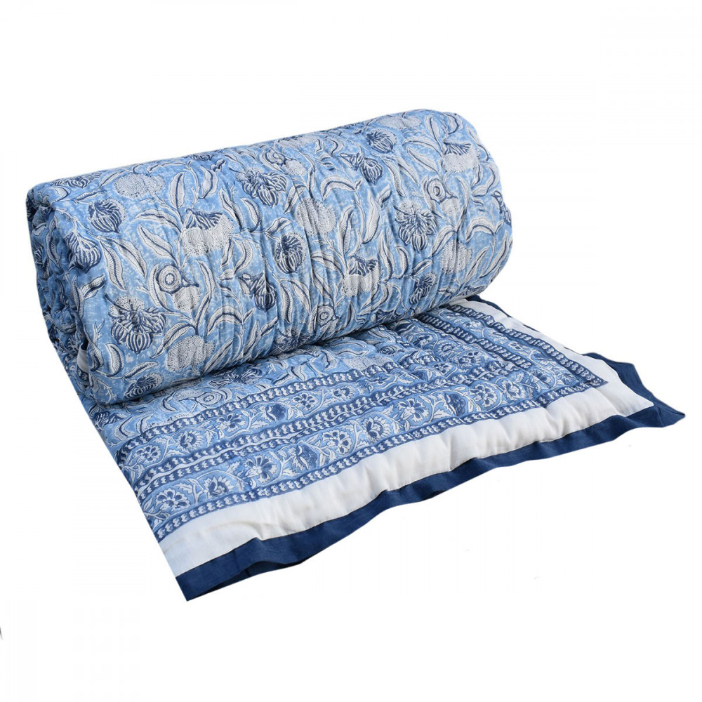 Image of Hand Block Printed Cotton Twin Size Quilt | Meadow Song Blue 202513