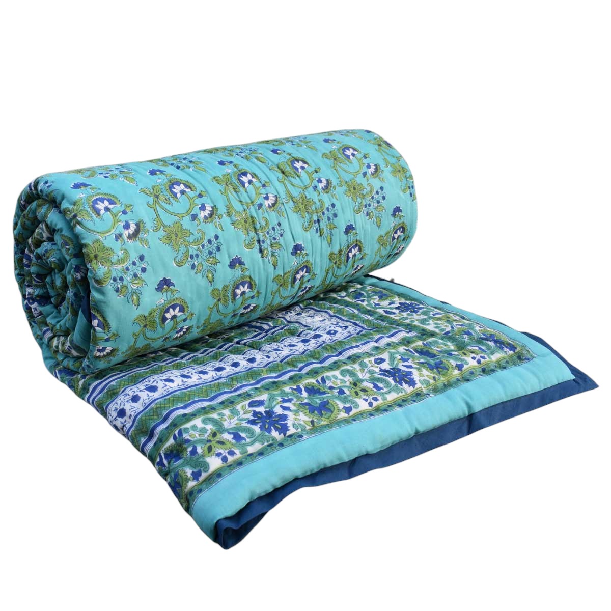 Hand Block Printed Cotton Queen Size Quilt Venus Crystal Blue 700664
