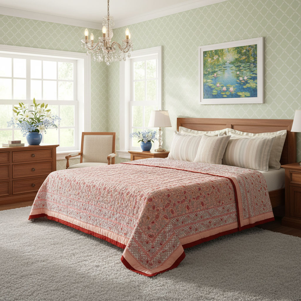 Hand Block Printed Cotton Quilt King Size  Waterlily Pink Gud 906174