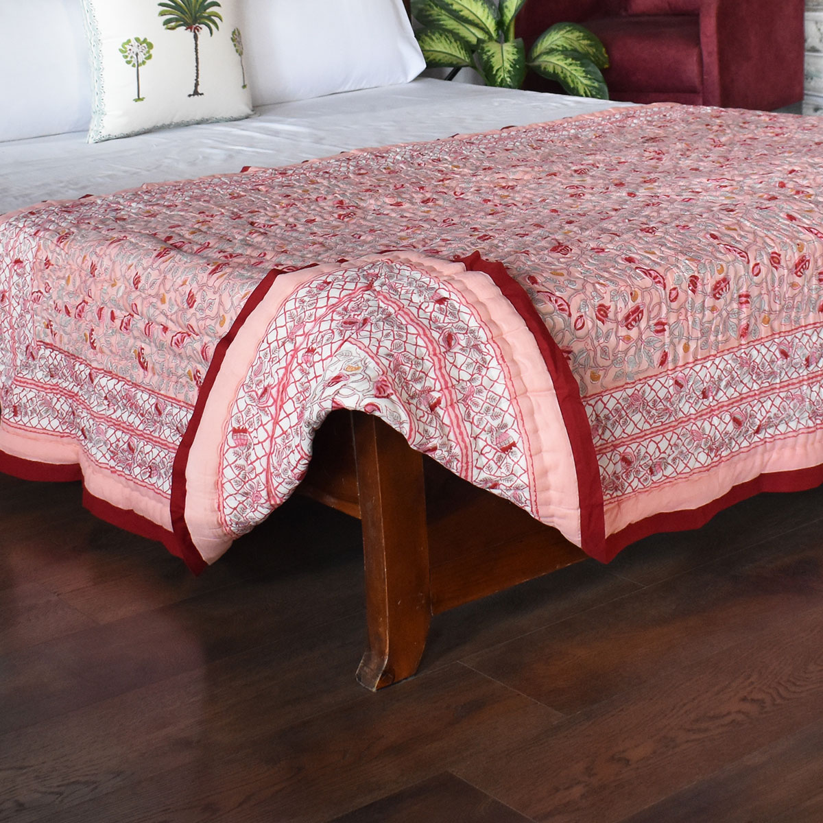Hand Block Printed Cotton Twin Size Quilt Waterlily Pink Gud 906174