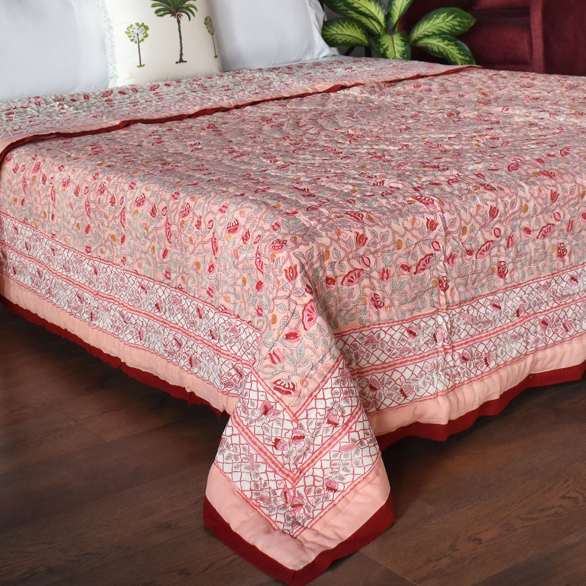 Hand Block Printed Cotton Queen Size Quilt Waterlily Pink Gud 906174