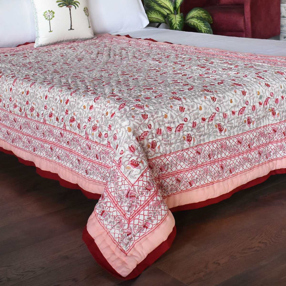Hand Block Printed Cotton Twin Size Quilt Waterlily Pink Gud 906174