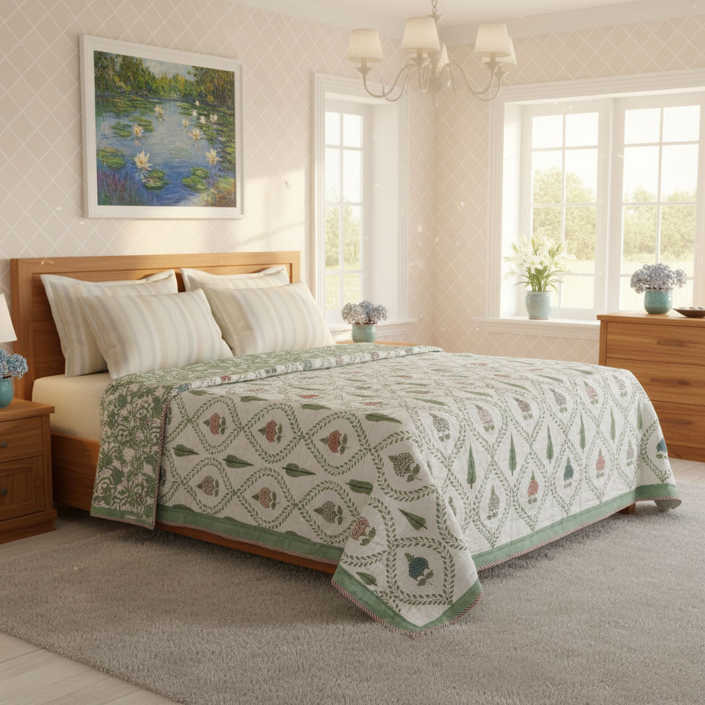 Hand Block Printed Cotton Twin Size Quilt White Green Flower 202215