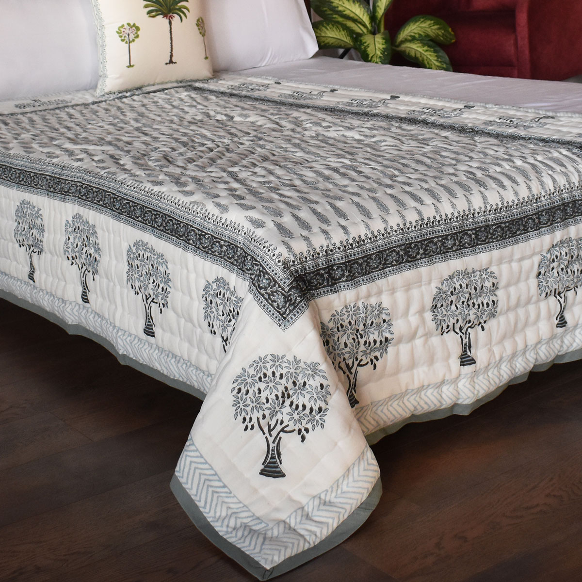 Hand Block Printed Cotton Twin Size Quilt Winter Fall Tree Grey 107195