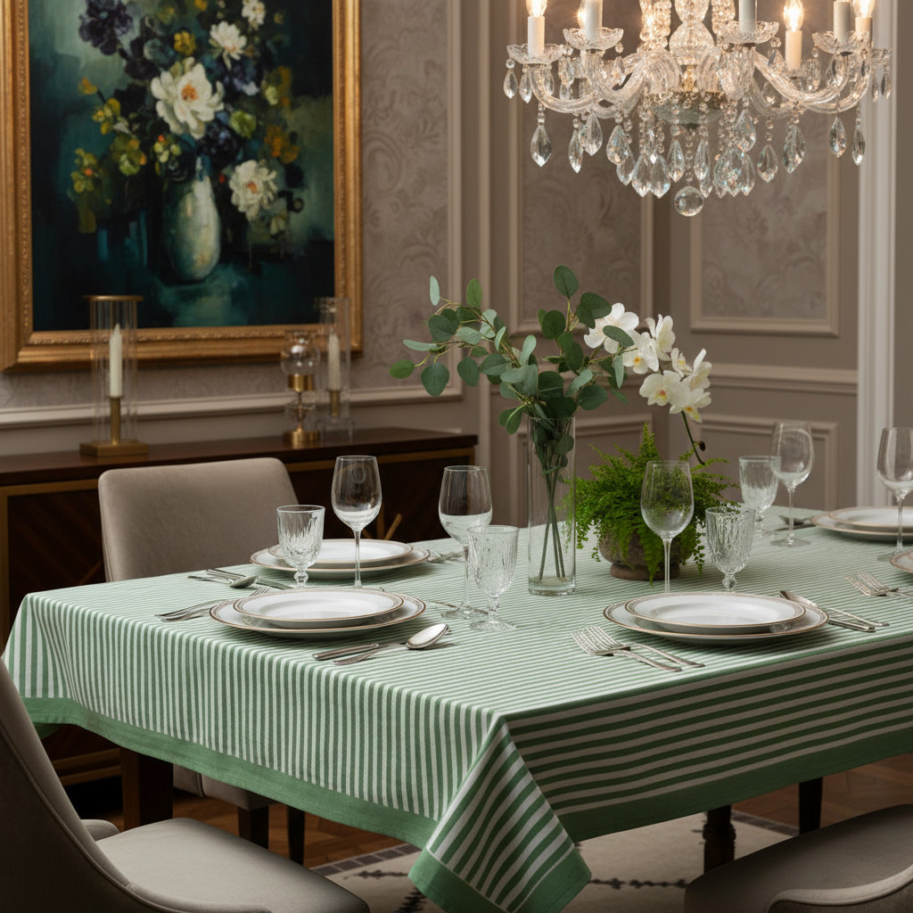 Wood Block Printed Handmade Tablecloth 150x220 cms  Stripe Green Olive 202529