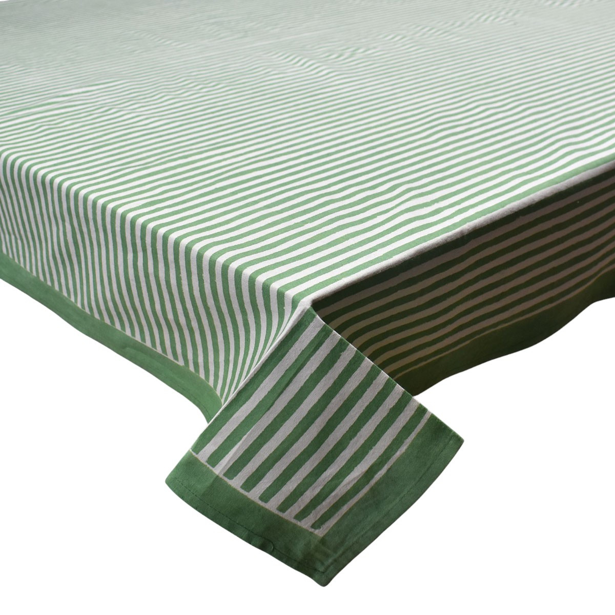 Wood Block Printed Handmade Tablecloth 150x220 cms  Stripe Green Olive 202529