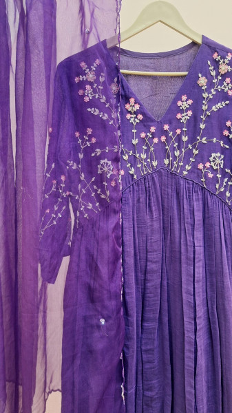 PURPLE MUL CHANDERI ALIACUT SUIT SET