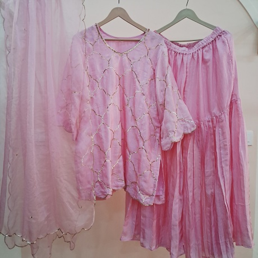 Image of BABY PINK HANDWORK  SHORT KURTI AND SHARARA WITH  DUPATTA SET