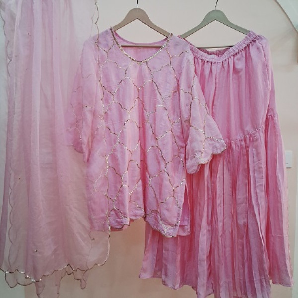 BABY PINK HANDWORK  SHORT KURTI AND SHARARA WITH  DUPATTA SET