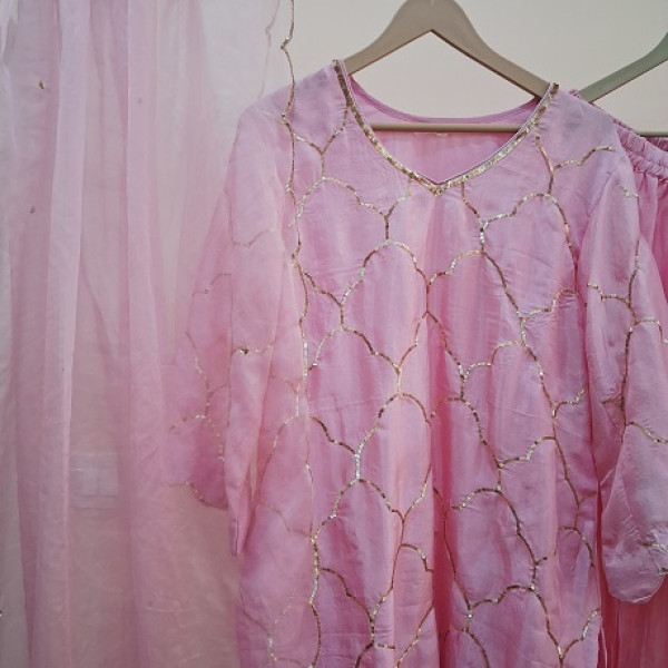 BABY PINK HANDWORK  SHORT KURTI AND SHARARA WITH  DUPATTA SET