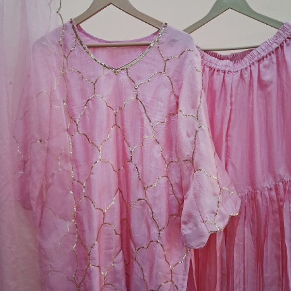 BABY PINK HANDWORK  SHORT KURTI AND SHARARA WITH  DUPATTA SET