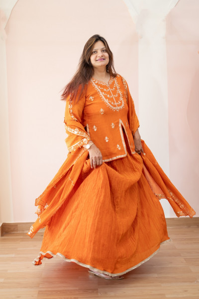 RUST ORANGE CRUSH TISSUE HANDWORK SHORT KURTI SKIRT AND DUPPTTA