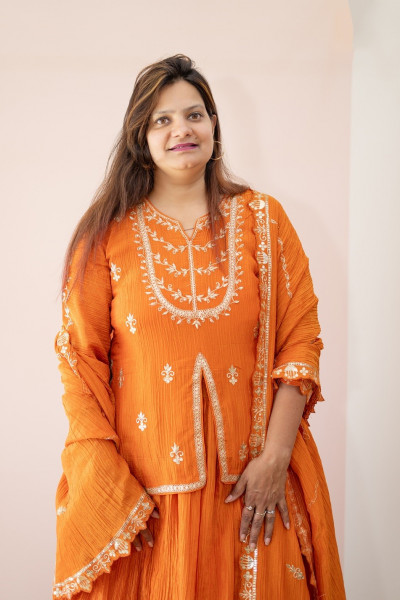 RUST ORANGE CRUSH TISSUE HANDWORK SHORT KURTI SKIRT AND DUPPTTA