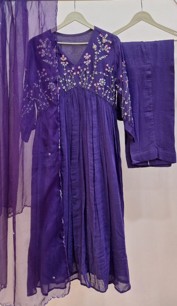 PURPLE MUL CHANDERI ALIACUT SUIT SET