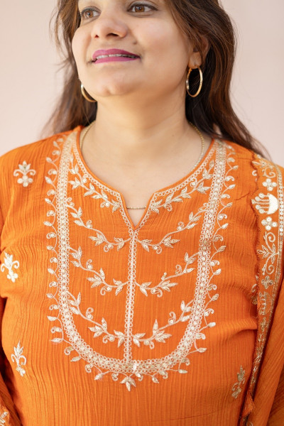 RUST ORANGE CRUSH TISSUE HANDWORK SHORT KURTI SKIRT AND DUPPTTA