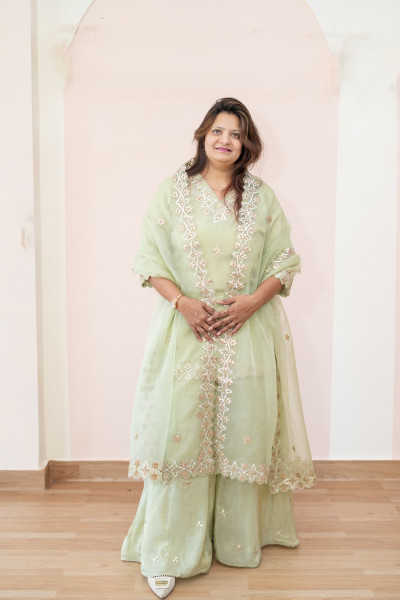 MINTGREEN SUMMERSILK HANDWORK SHORTKURTI FLAYED PLAZO AND ORGANZA DUPPTTA