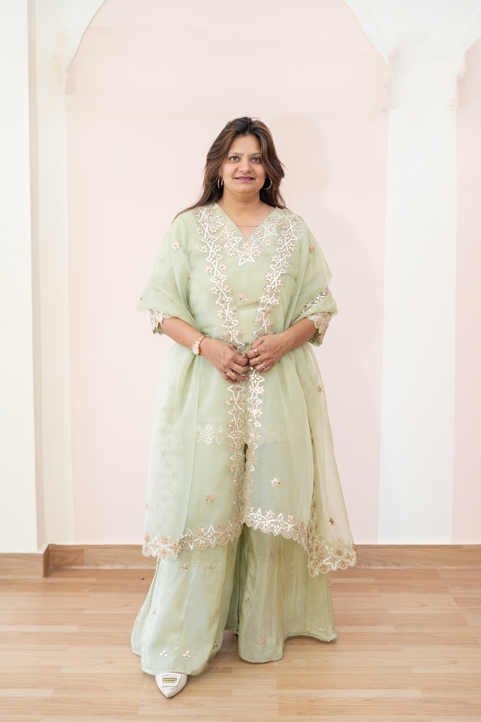 MINTGREEN SUMMERSILK HANDWORK SHORTKURTI FLAYED PLAZO AND ORGANZA DUPPTTA