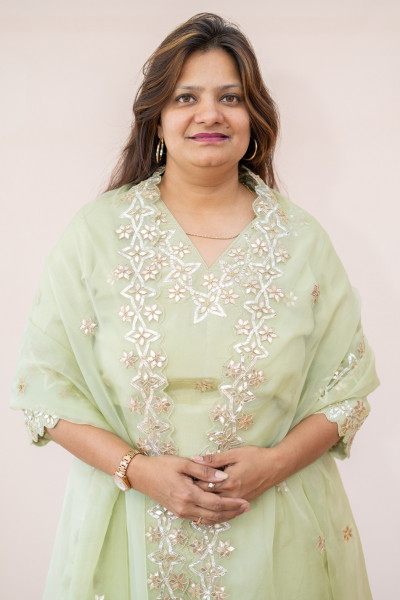 MINTGREEN SUMMERSILK HANDWORK SHORTKURTI FLAYED PLAZO AND ORGANZA DUPPTTA