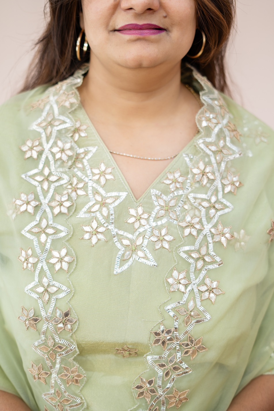 MINTGREEN SUMMERSILK HANDWORK SHORTKURTI FLAYED PLAZO AND ORGANZA DUPPTTA