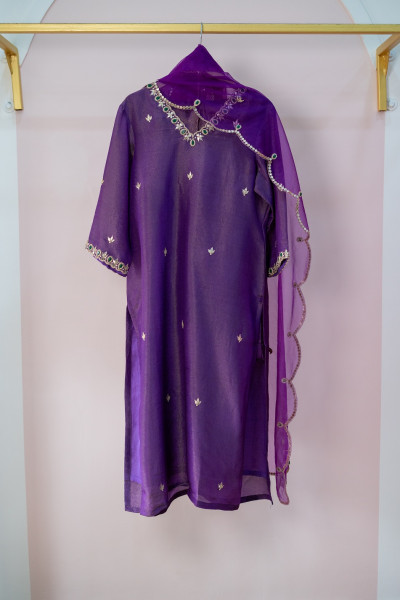 PURPLE TISSUE HANDWORK SUIT SET