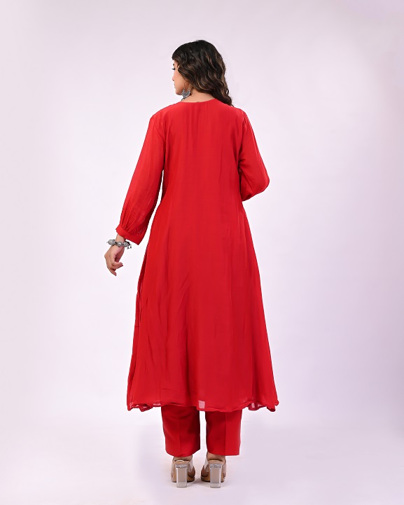 RED PEACOCK MUL CHANDERI SUIT SET
