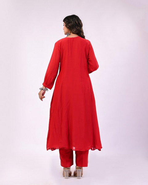RED PEACOCK MUL CHANDERI SUIT SET