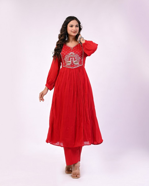 RED PEACOCK MUL CHANDERI SUIT SET