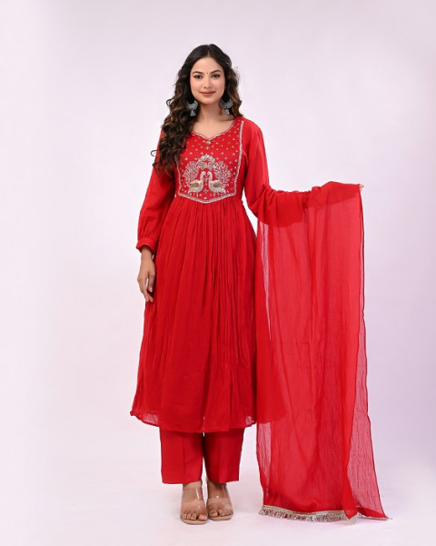 RED PEACOCK MUL CHANDERI SUIT SET