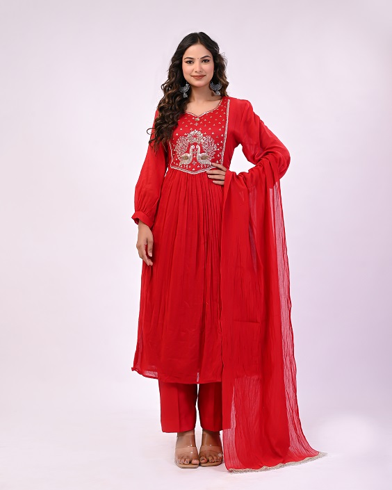 RED PEACOCK MUL CHANDERI SUIT SET