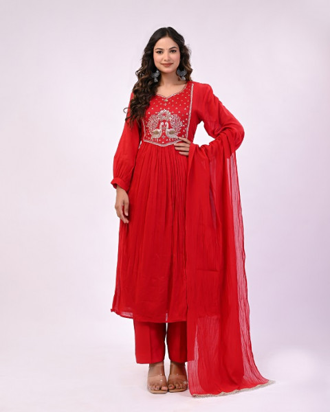 RED PEACOCK MUL CHANDERI SUIT SET