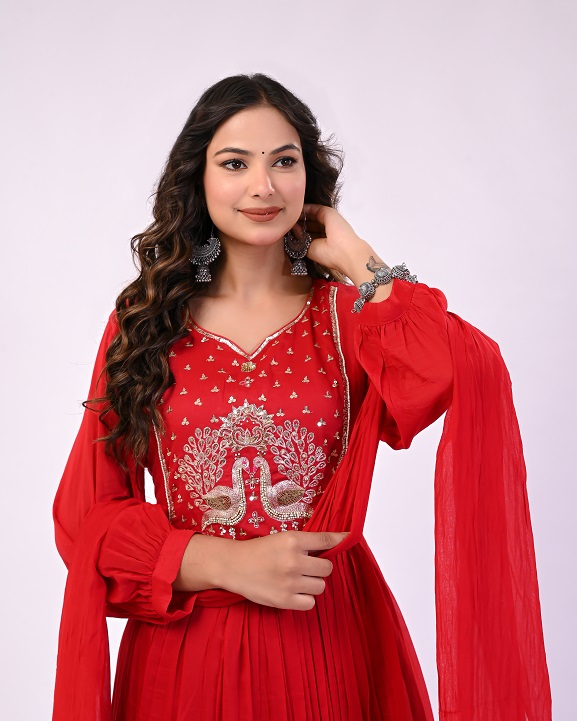 RED PEACOCK MUL CHANDERI SUIT SET