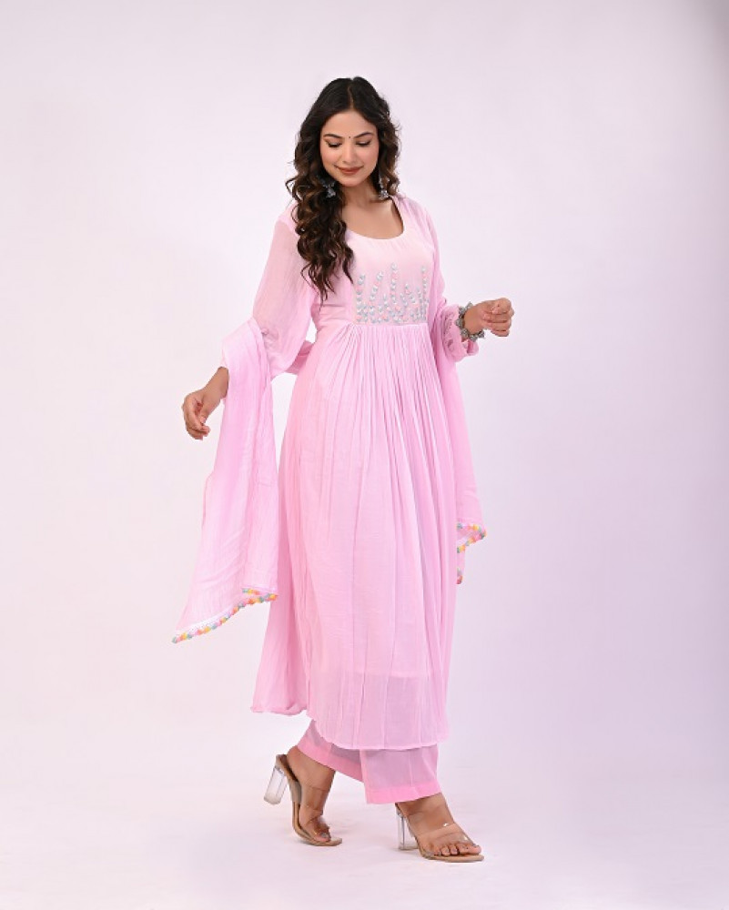 Image of PINK HANDWORK MULCHANDERI SUIT SET