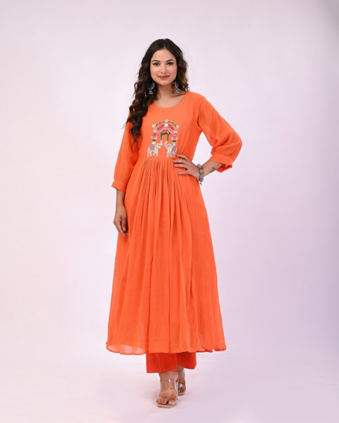 ORANGE MULCHANDERI HANDWORK SUIT SET