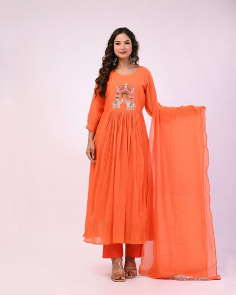 ORANGE MULCHANDERI HANDWORK SUIT SET