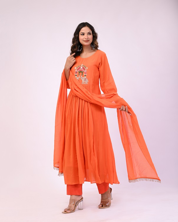 ORANGE MULCHANDERI HANDWORK SUIT SET
