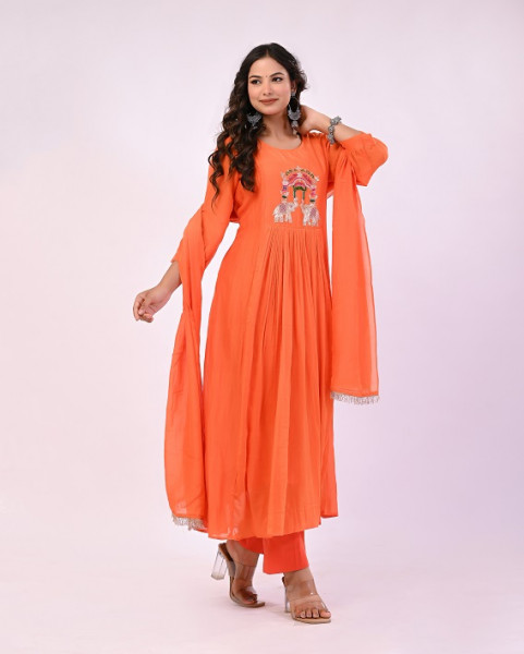 ORANGE MULCHANDERI HANDWORK SUIT SET