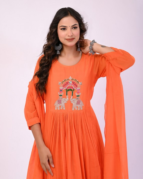 ORANGE MULCHANDERI HANDWORK SUIT SET