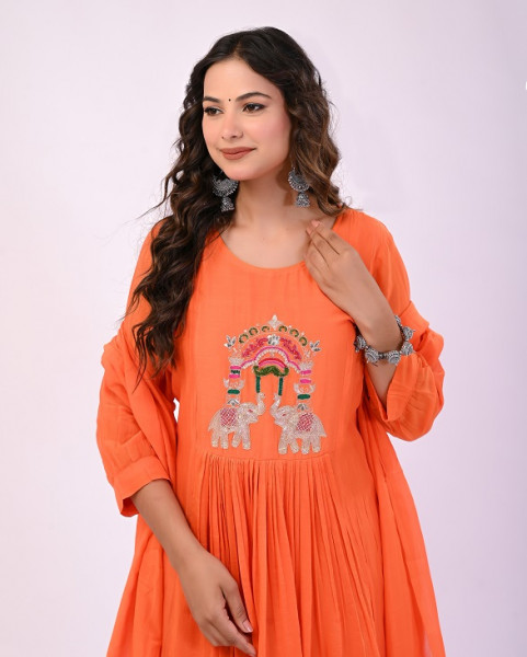 ORANGE MULCHANDERI HANDWORK SUIT SET